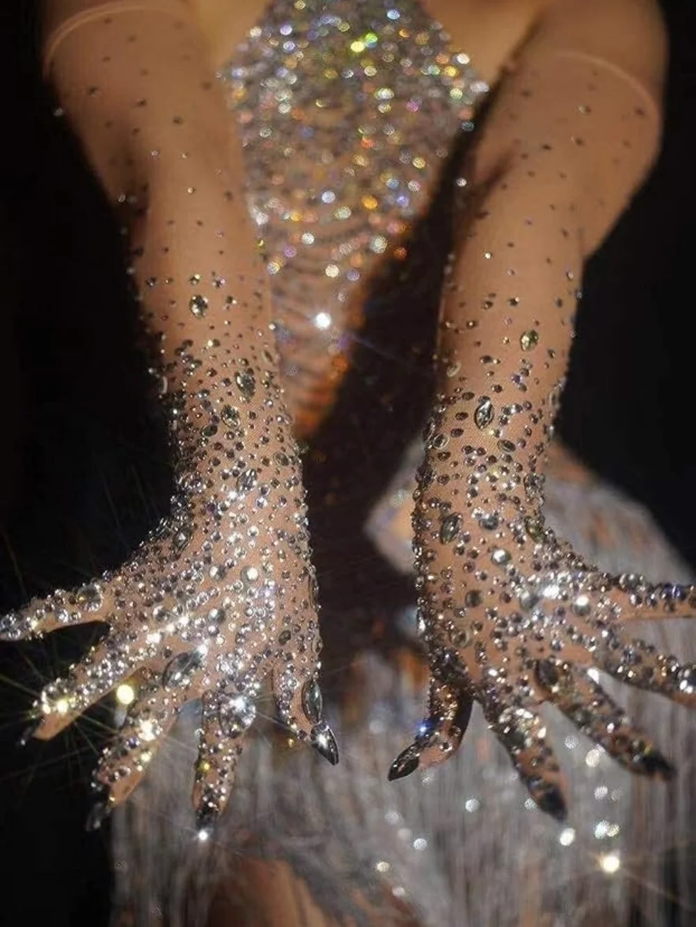 Luxe Crystal Embellished Nude Silver Sparkle Mesh Gloves
